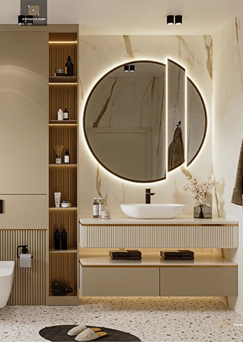 Floating Matte Vanity with Fluted Panels and Quartz Countertop