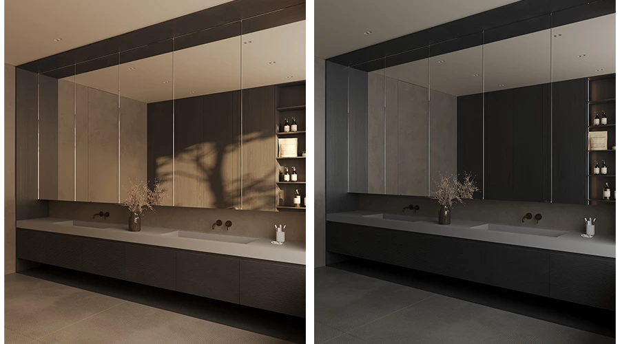 Modern Dual Zone Bathroom Vanity with Floating Sink and Tall Storage