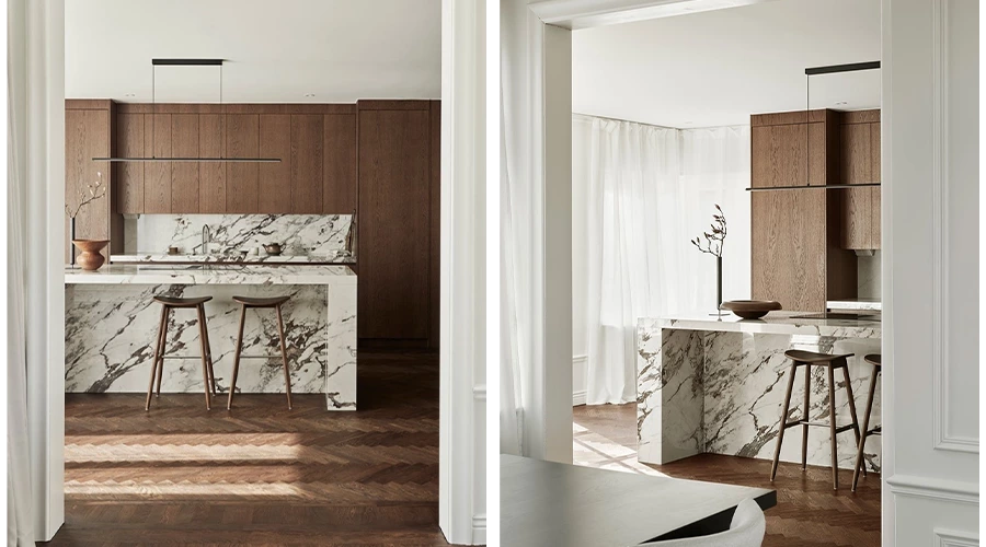 Natural Wood Kitchen with Marble Island and Fluid L-Shaped Layout