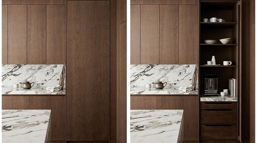 Natural Wood Kitchen with Marble Island and Fluid L-Shaped Layout