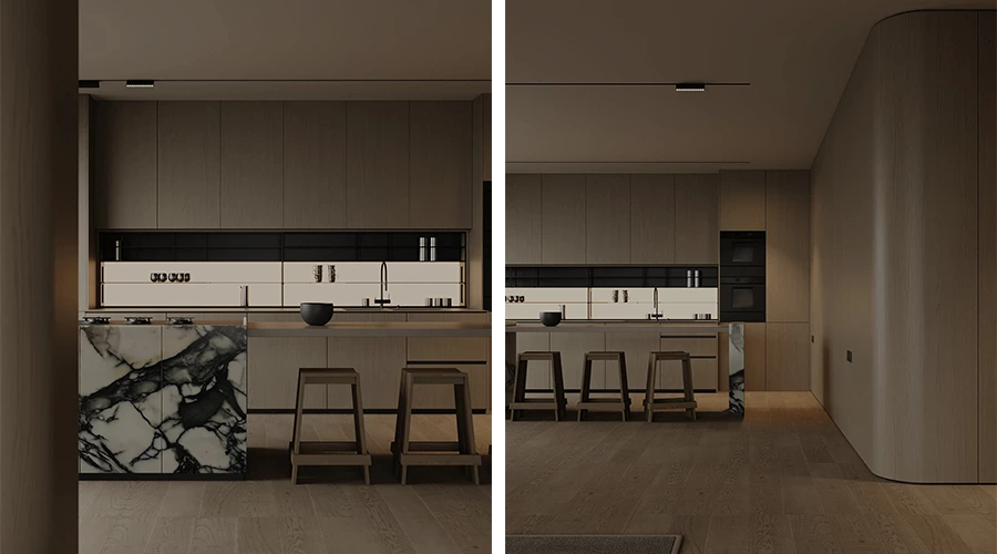 Modern Whole House Custom Cabinets with Wood Veneer and Marble