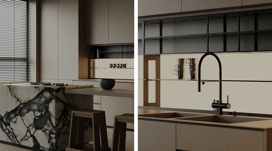 Modern Whole House Custom Cabinets with Wood Veneer and Marble