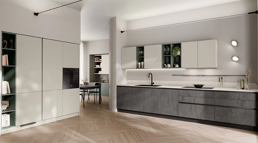 Modern Sage Green Open-Plan Kitchen with Smart Storage