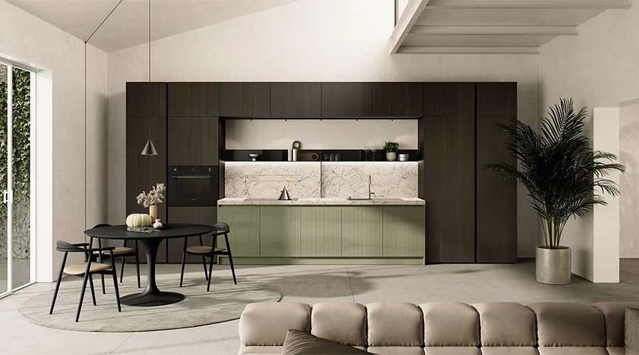 Modern Sage Green Kitchen with Dark Walnut & Sintered Stone