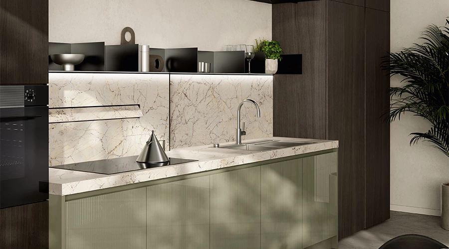 Modern Sage Green Kitchen with Dark Walnut & Sintered Stone