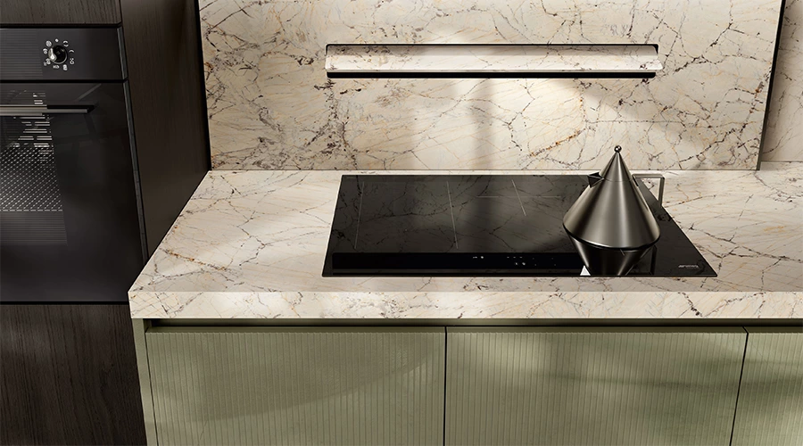 Modern Sage Green Kitchen with Dark Walnut & Sintered Stone