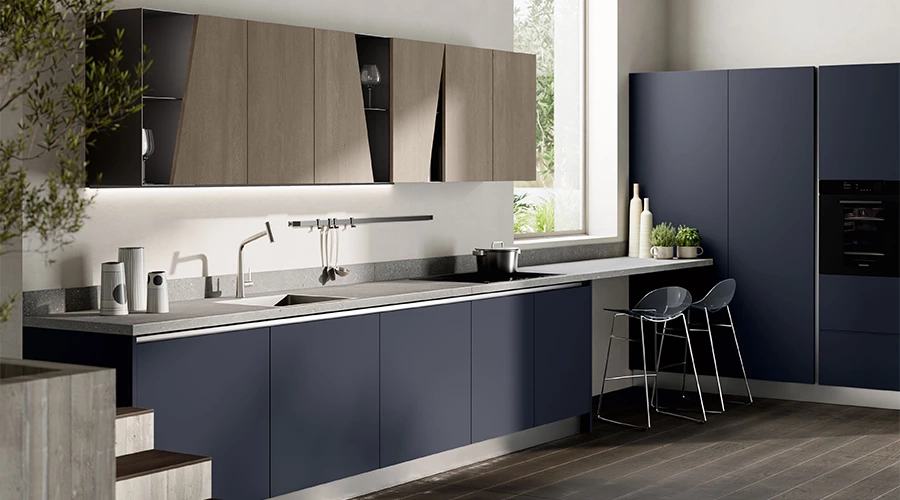 Stylish Blue and Wood Modular Cabinets for a Contemporary Kitchen