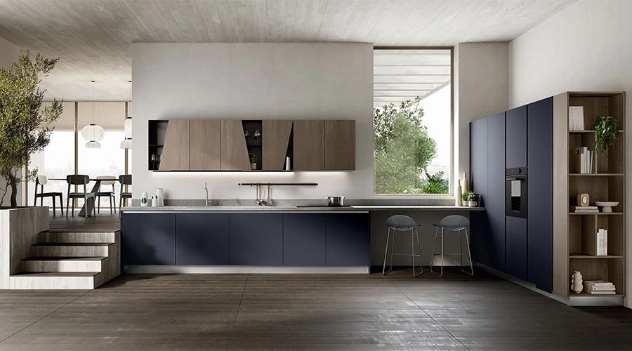 Stylish Blue and Wood Modular Cabinets for a Contemporary Kitchen