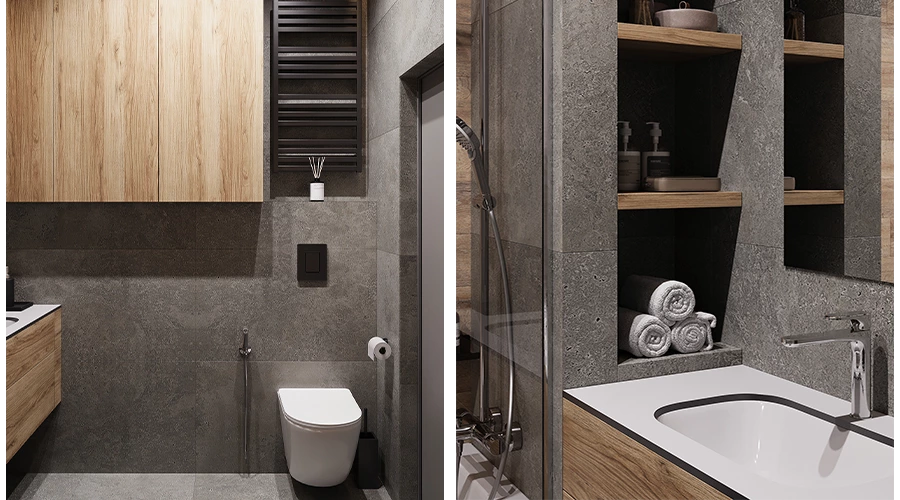 Maximize Bathroom Design with Hidden Storage and Warm Textured Elegance